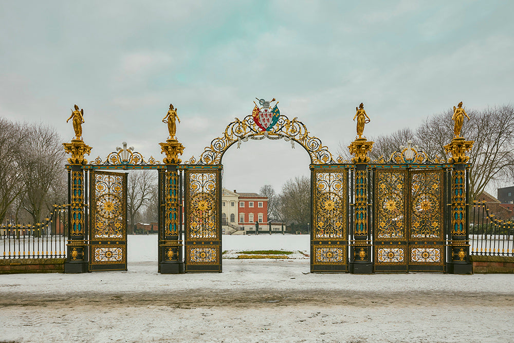 《The Gates of Winter Silence》-Warrington Golden Gates Framed & Mounted Print I England Wall Art Print