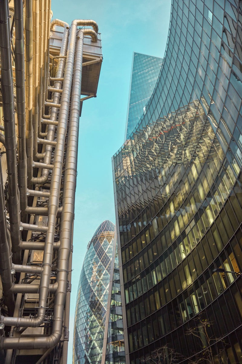 Futuristic Gherkin London and several futuristic buildings Photography Art Prints