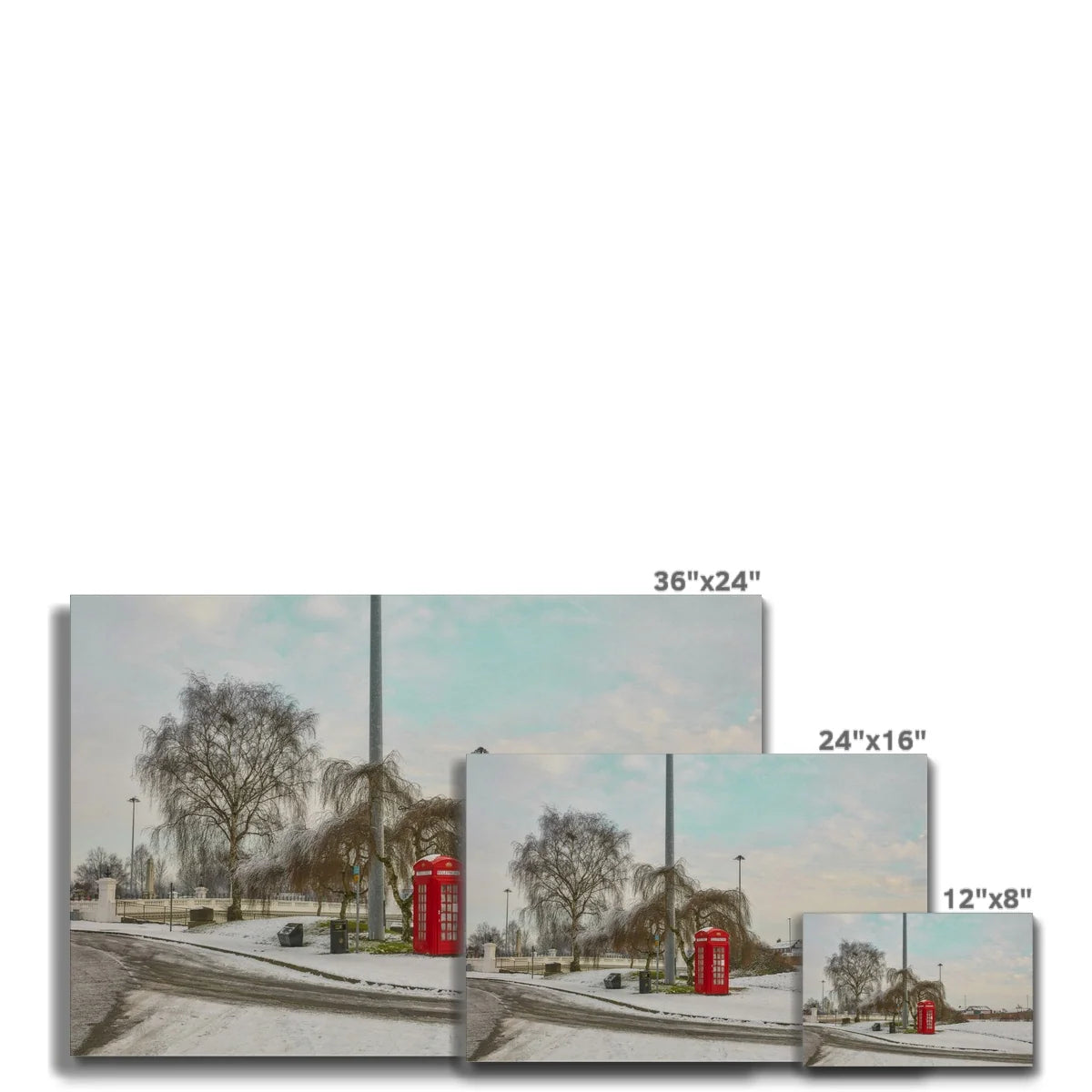 《Warrington’s Quiet Morning – K4 Telephone Box in Snow》Canvas Art Print , K4 kiosk in winter,UK Wall Art