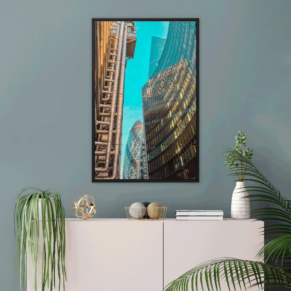 Futuristic Gherkin London and several futuristic buildings, Framed Canvas Print