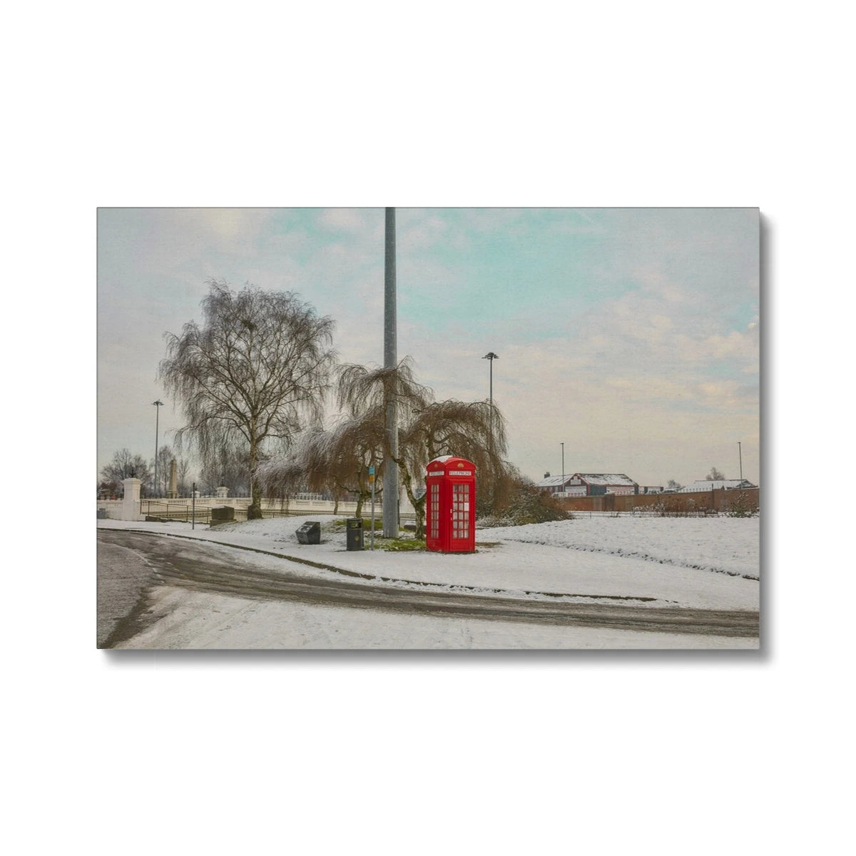 《Warrington’s Quiet Morning – K4 Telephone Box in Snow》Canvas Art Print , K4 kiosk in winter,UK Wall Art