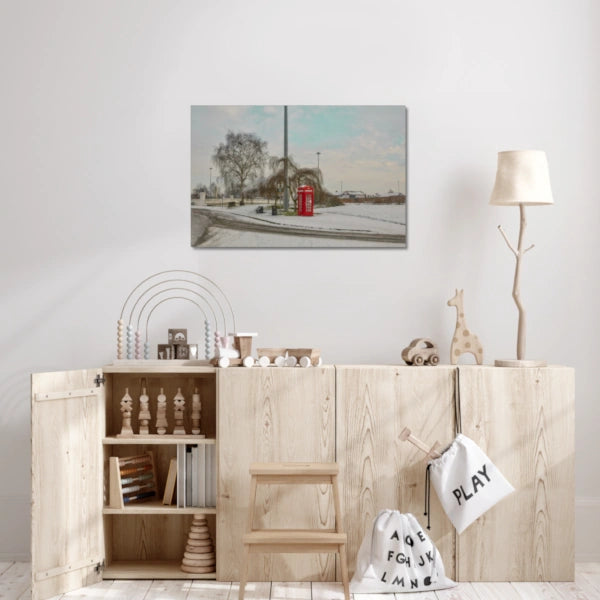 《Warrington’s Quiet Morning – K4 Telephone Box in Snow》Canvas Art Print , K4 kiosk in winter,UK Wall Art