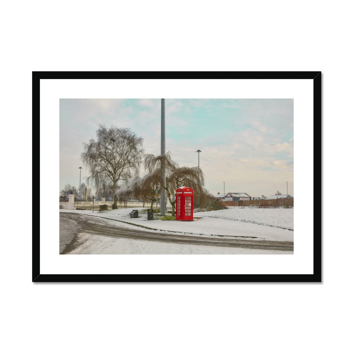 Warrington Framed Art Print," K4 kiosk in winter-telephone box art"