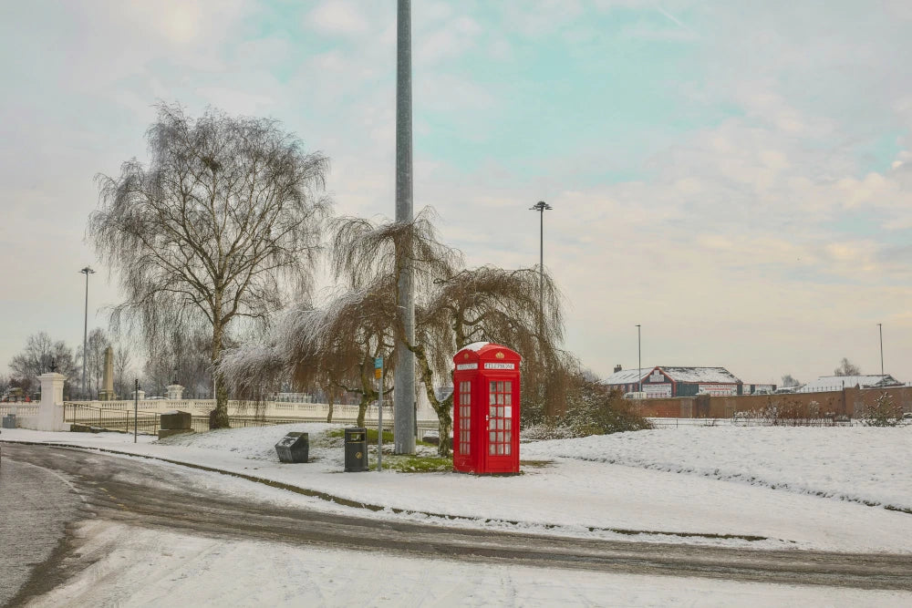 《Warrington’s Quiet Morning – K4 Telephone Box in Snow》Fine Art Photography Print,UK Photography Wall Art Print