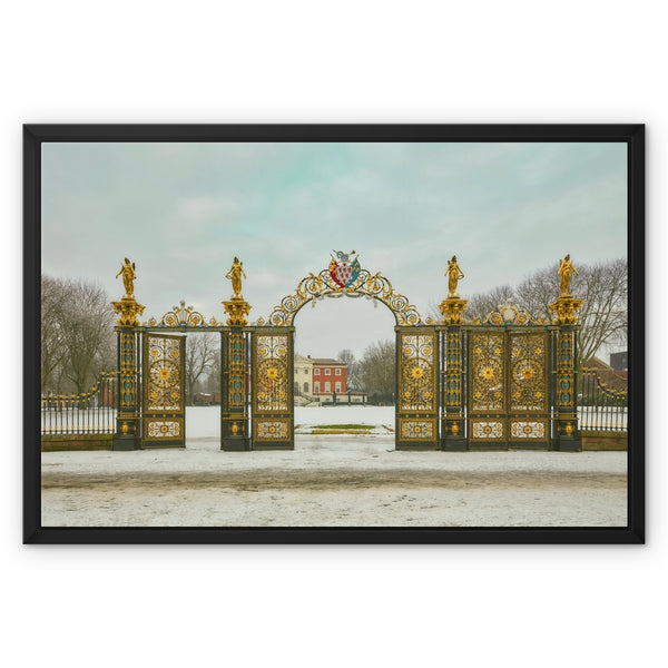 《The Gates of Winter Silence》- Warrington Golden Gates Framed Canvas Print, Warrington,England Wall Art