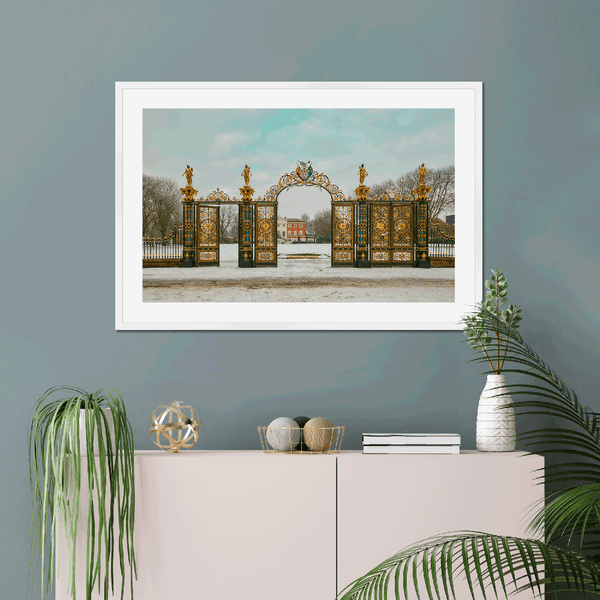 《The Gates of Winter Silence》-Warrington Golden Gates Framed & Mounted Print I England Wall Art Print