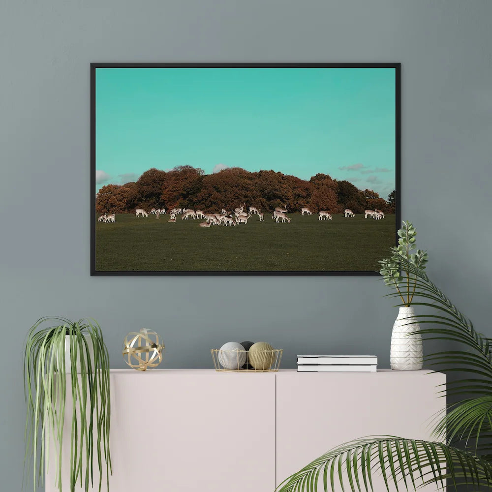 Return of the Deer Herd I Photography Framed Canvas Art Print of UK I Skyline Wall Art Print
